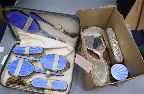 A blue guilloche enamel cased part dressing table set, a similar part manicure set and sundry other silver-mounted dressing table items